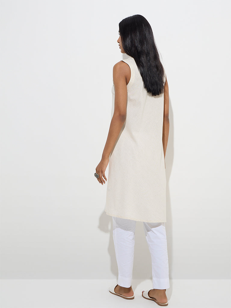 Utsa Off-White Mirror-Embroidered A-Line Cotton-Blend Kurta