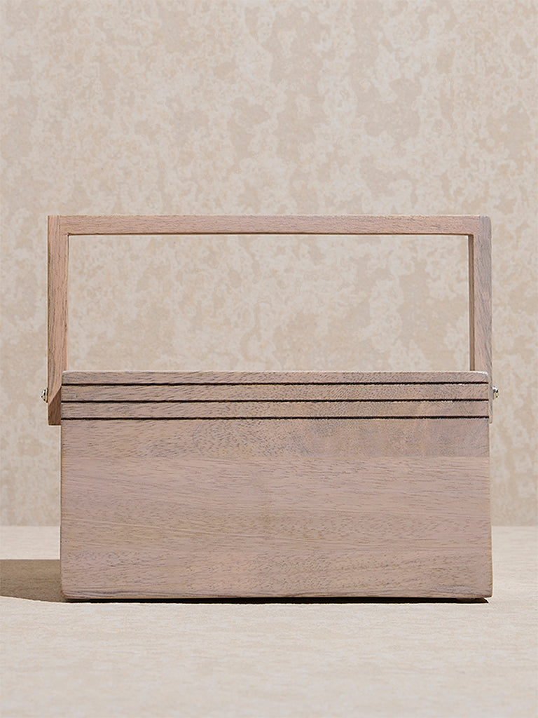 Westside Home Beige Stripe Detailed Wooden Caddy