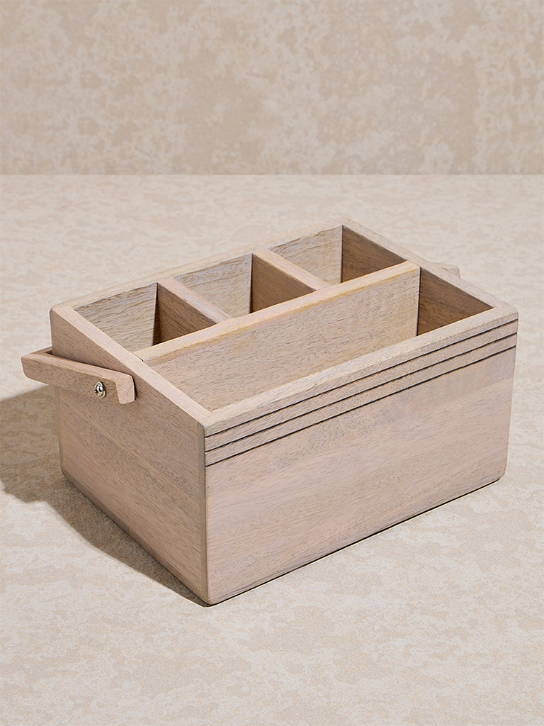 Westside Home Beige Stripe Detailed Wooden Caddy