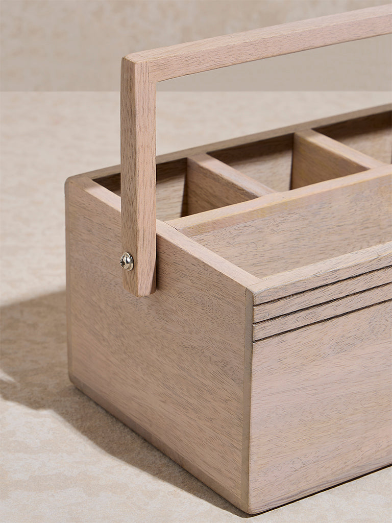 Westside Home Beige Stripe Detailed Wooden Caddy