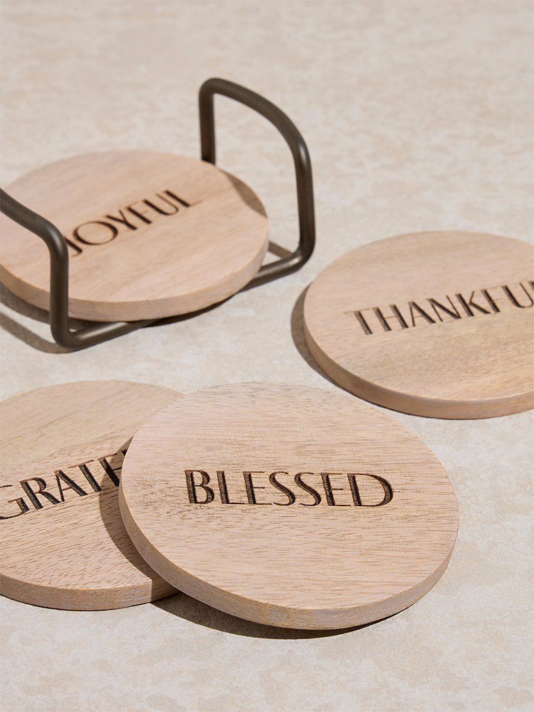 Westside Home Beige Text Printed Coaster (Set of 4)