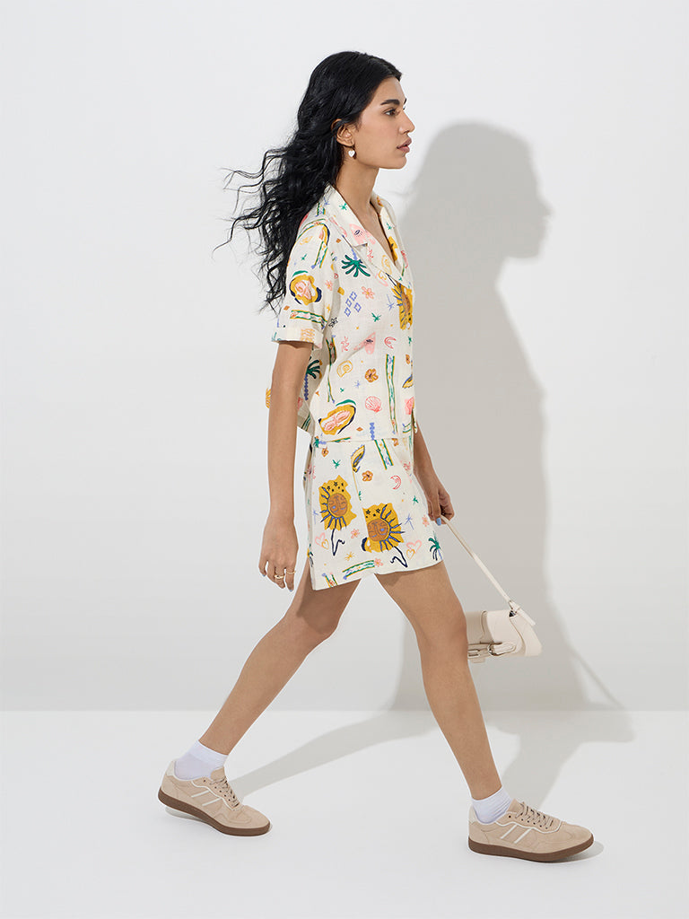 Westside Nuon Women's Off-White Printed Shirt for Casual Wear Front View