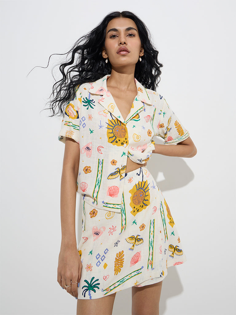 Westside Nuon Women's Off-White Printed Shirt for Casual Wear Front View