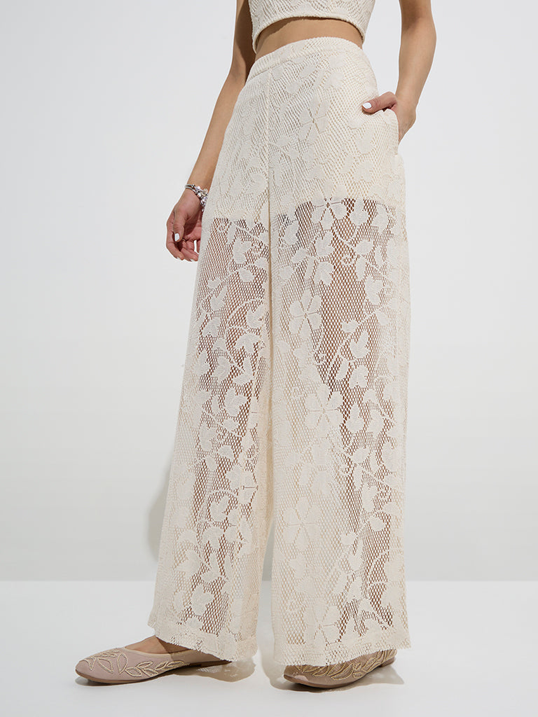 Nuon Off-White Crochet-Detailed Mid-Rise Cotton-Blend Pants