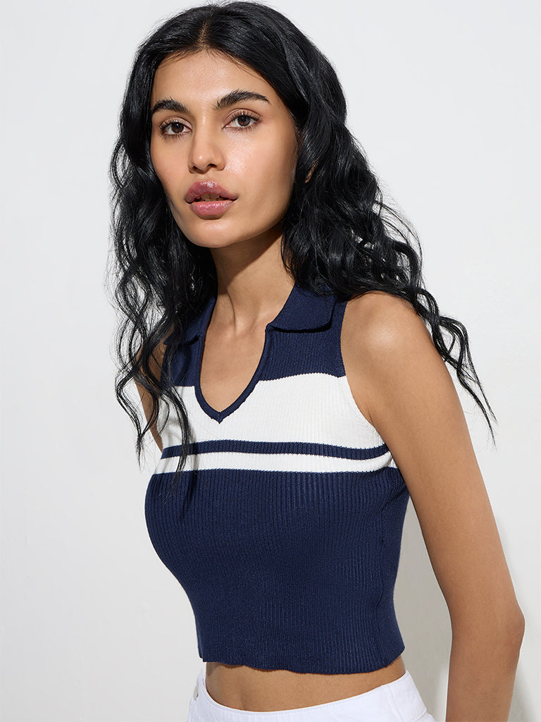 Nuon Navy Colour-Blocked Ribbed Top