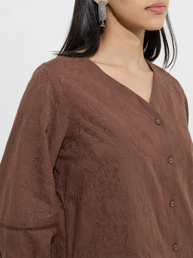 Utsa Dark Brown Botanical Embroidered Cotton Ethnic Top