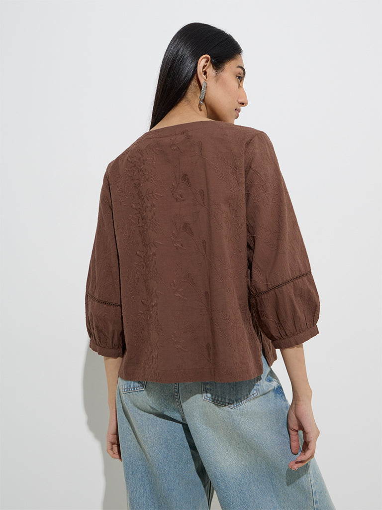 Utsa Dark Brown Botanical Embroidered Cotton Ethnic Top
