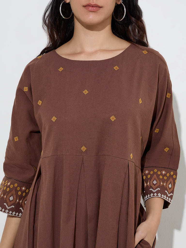 Utsa Dark Brown Embroidered Cotton-Blend A-Line Dress