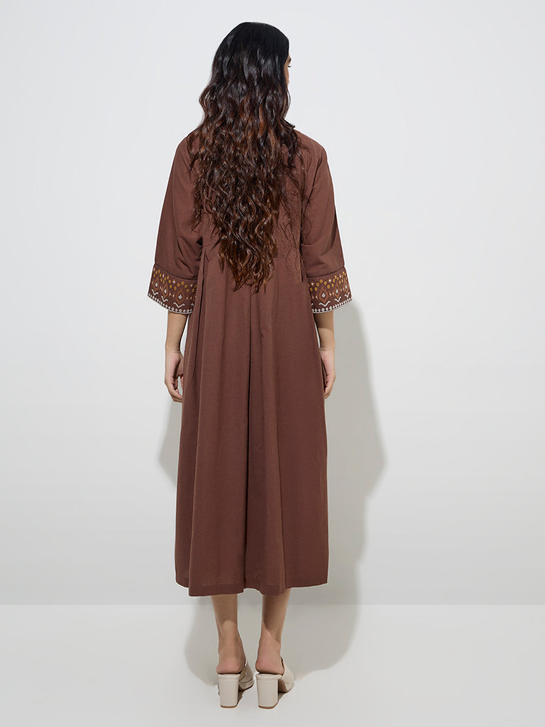 Utsa Dark Brown Embroidered Cotton-Blend A-Line Dress