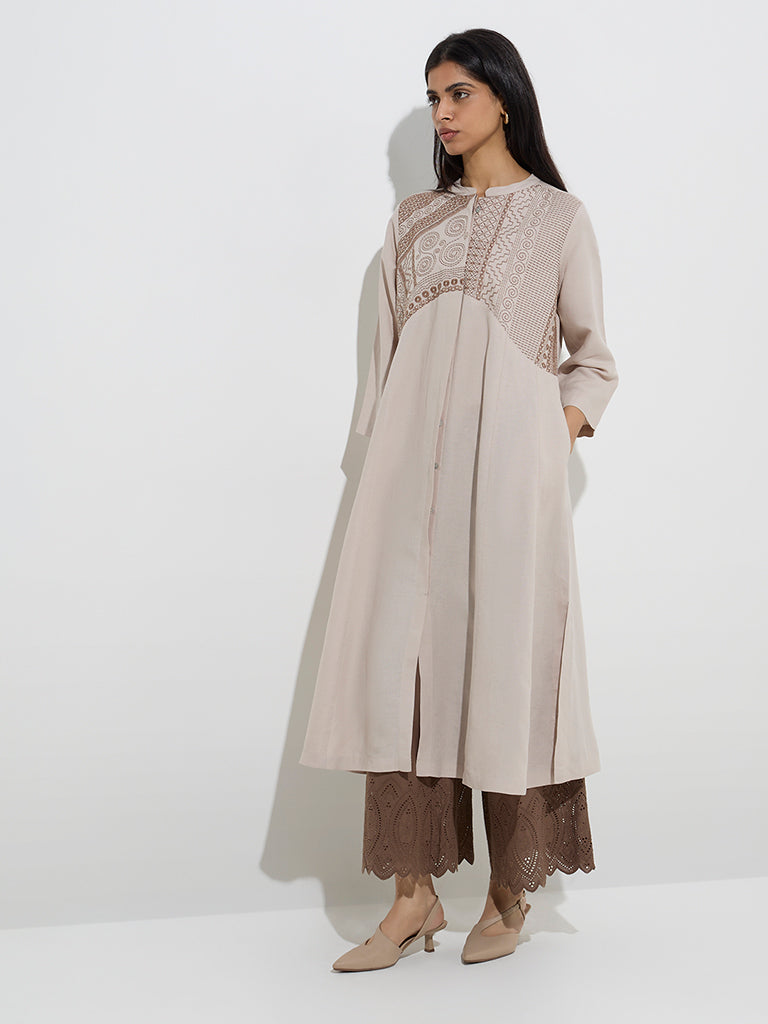 Zuba Beige Embroidered A-Line Kurta