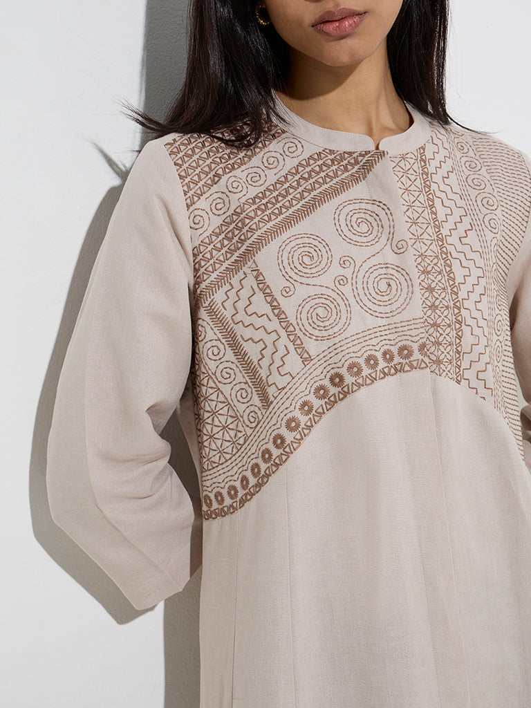 Zuba Beige Embroidered A-Line Kurta