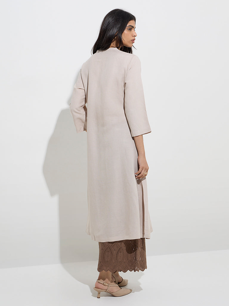 Zuba Beige Embroidered A-Line Kurta