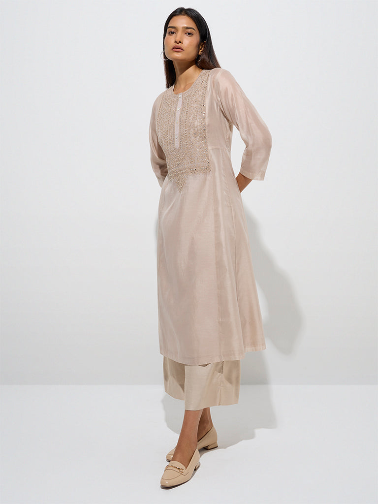 Zuba Beige Embroidered A-Line Kurta with Inner