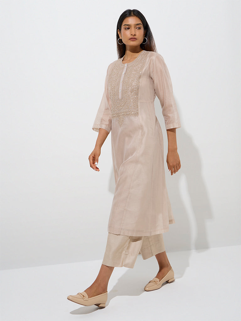 Zuba Beige Embroidered A-Line Kurta with Inner