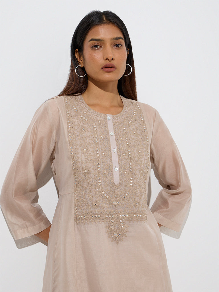 Zuba Beige Embroidered A-Line Kurta with Inner