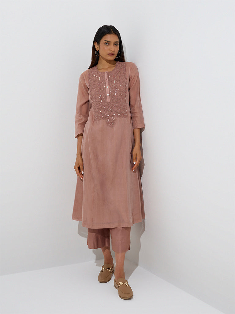 Zuba Dusty Pink Embroidered A-Line Kurta with Inner