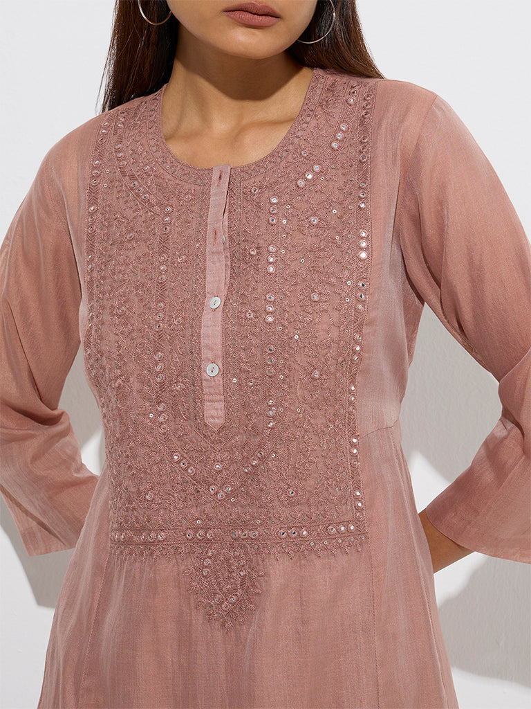 Zuba Dusty Pink Embroidered A-Line Kurta with Inner