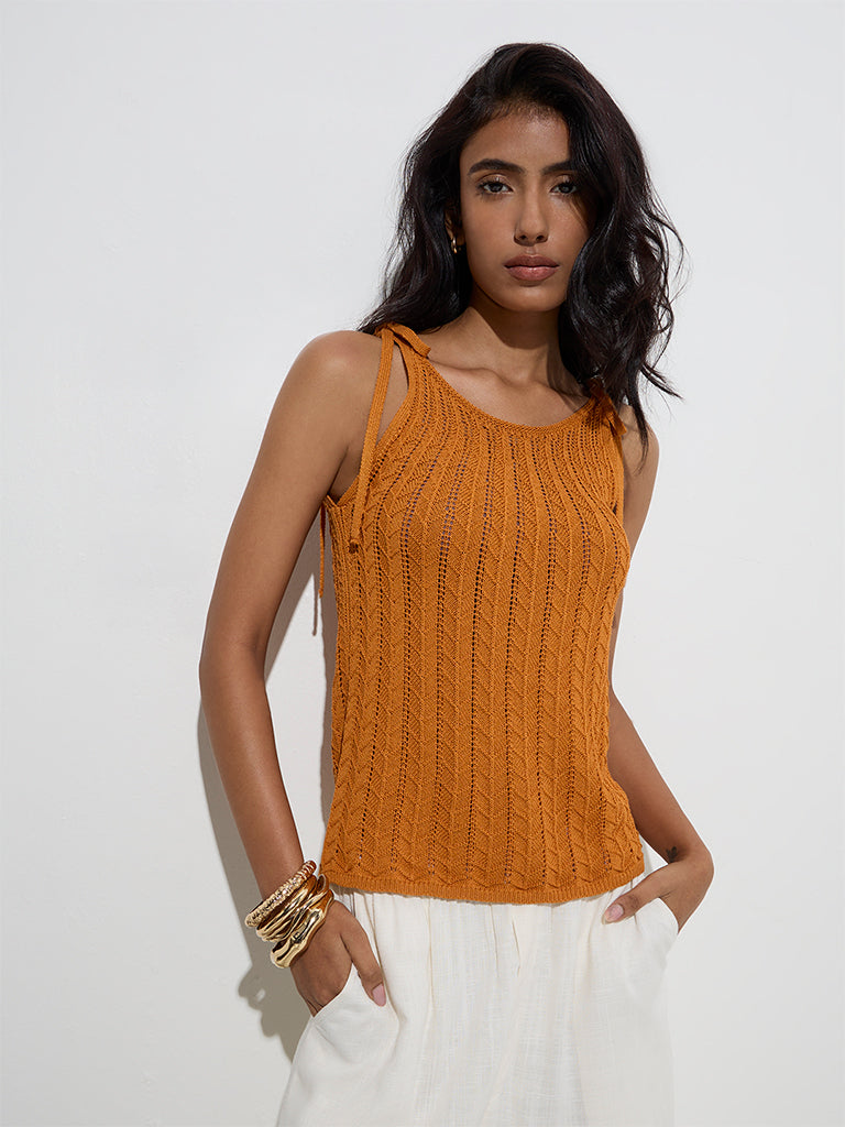 LOV Orange Knit-Textured Top