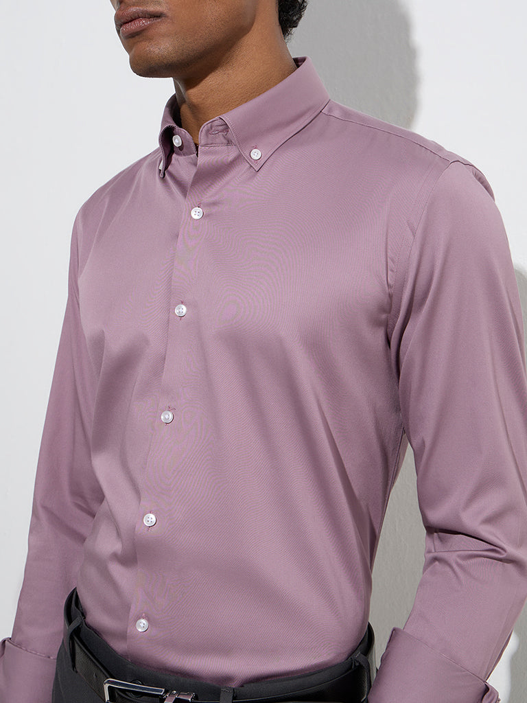 WES Formals Mauve Solid Slim-Fit Cotton-Blend Shirt