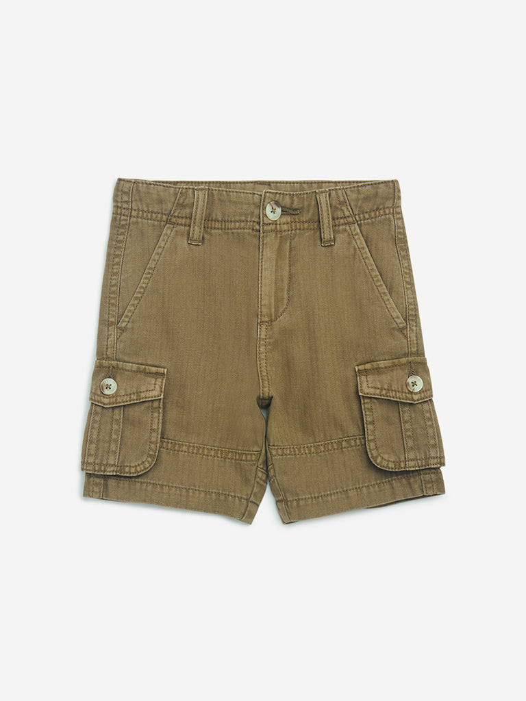 HOP Kids Brown Cargo-Style Mid-Rise Denim Shorts