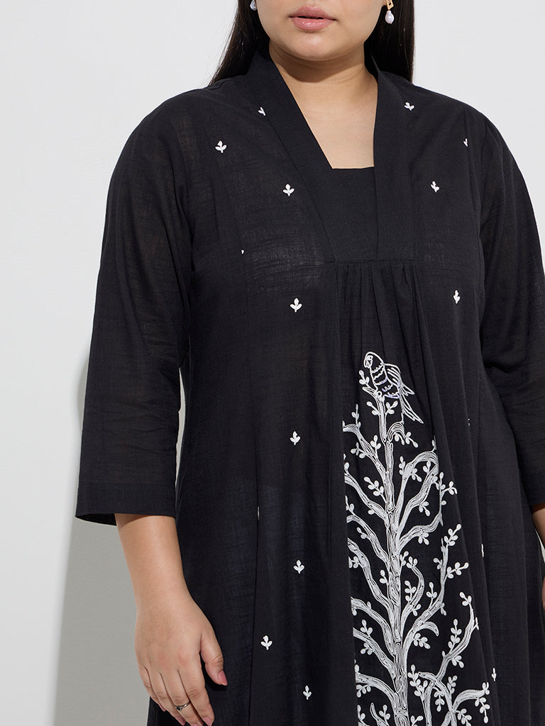 Diza Black Botanical-Inspired Cotton A-Line Kurta