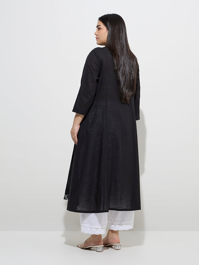 Diza Black Botanical-Inspired Cotton A-Line Kurta
