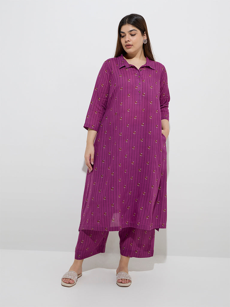 Diza Plum Stripe Printed A-Line Kurta