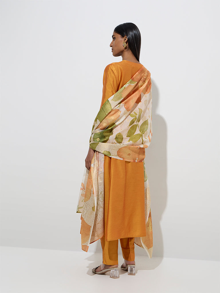 Vark Orange A-Line Kurta, Pants and Floral Dupatta Set