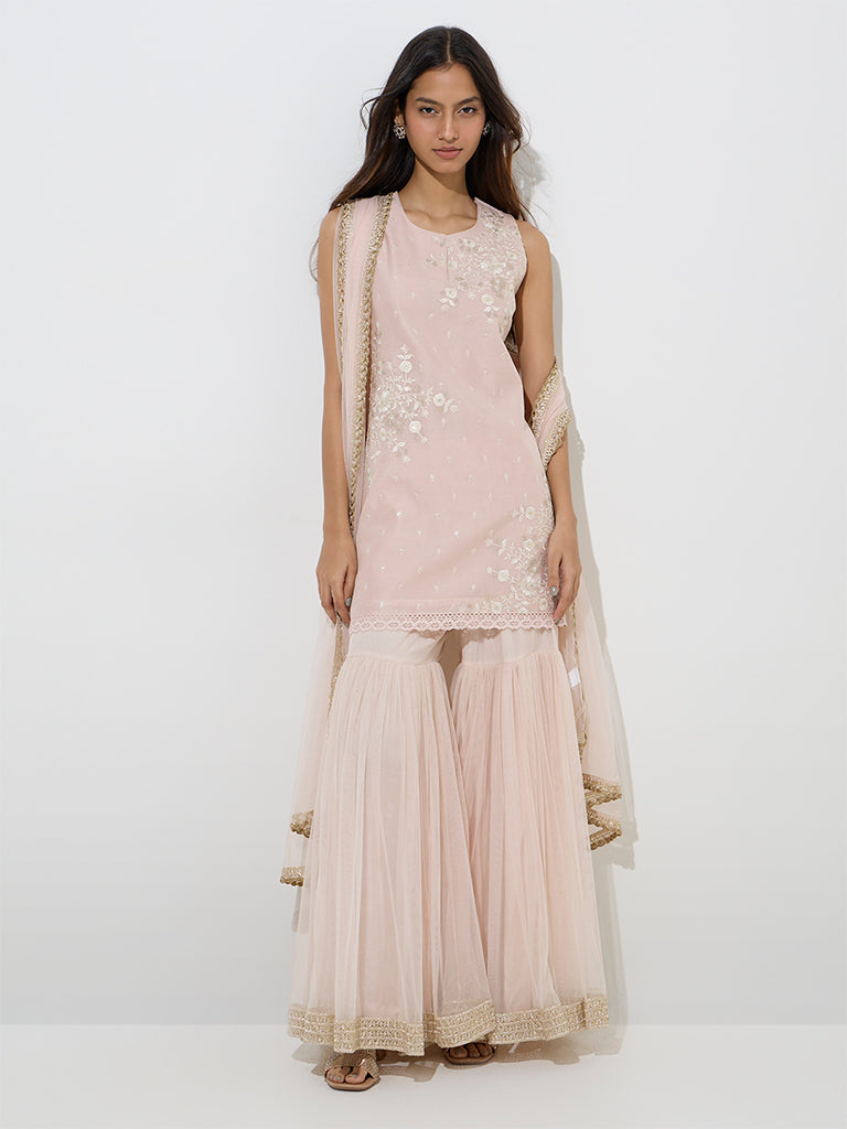 Vark Peach Cotton-Blend Kurti, Sharara and Dupatta Set