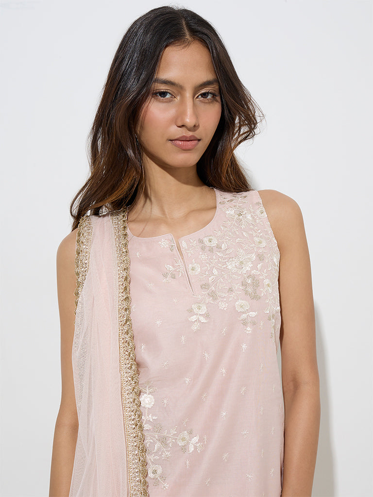 Vark Peach Cotton-Blend Kurti, Sharara and Dupatta Set
