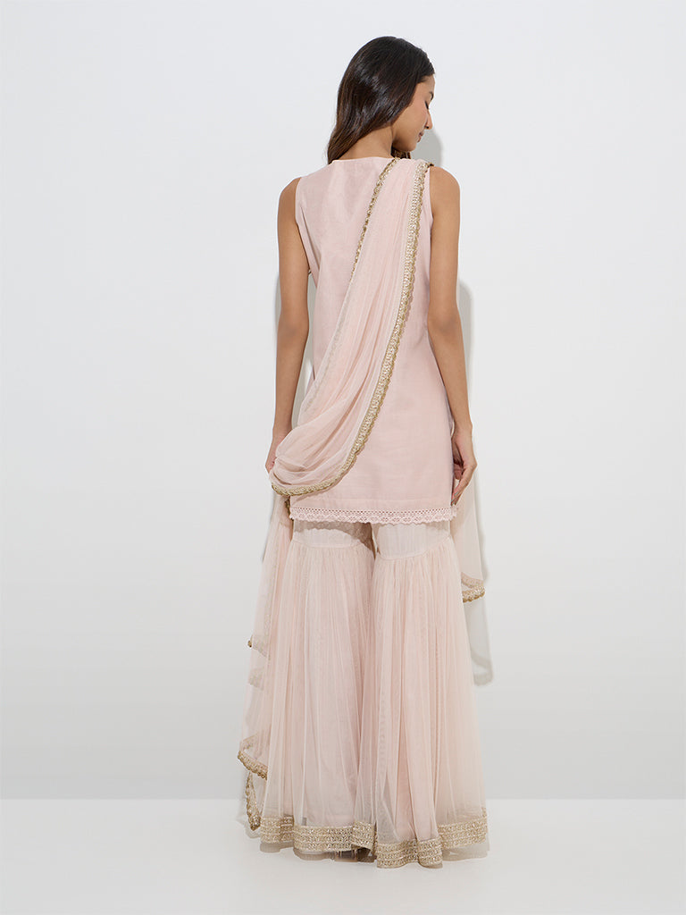 Vark Peach Cotton-Blend Kurti, Sharara and Dupatta Set