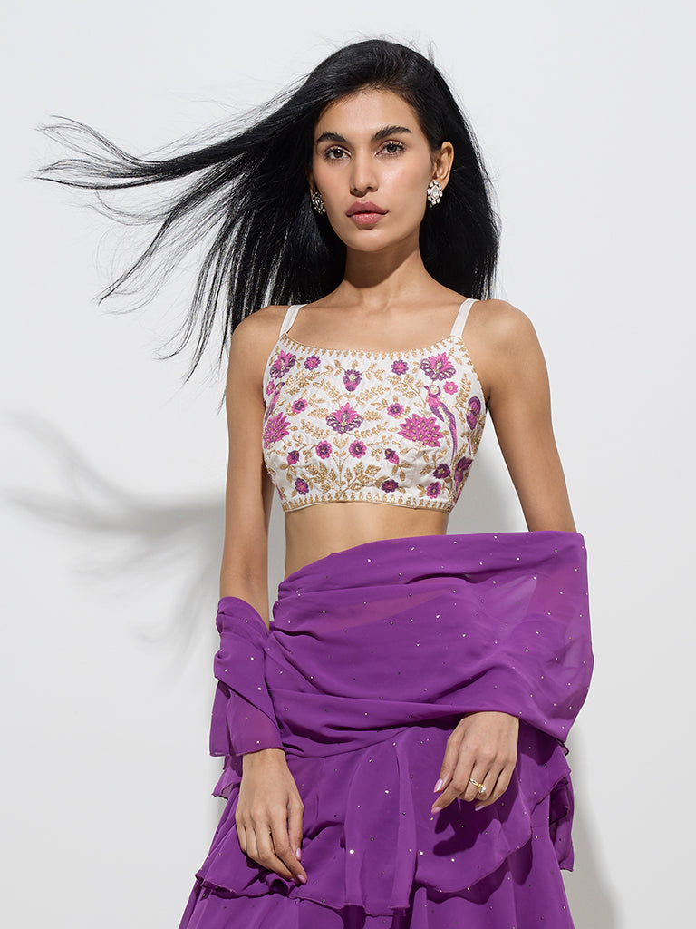 Vark Off-White Floral Embroidered Ethnic Blouse