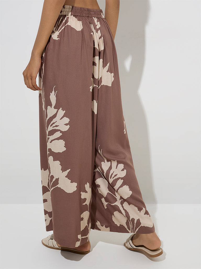 Utsa Brown Foliage Pattern Palazzos