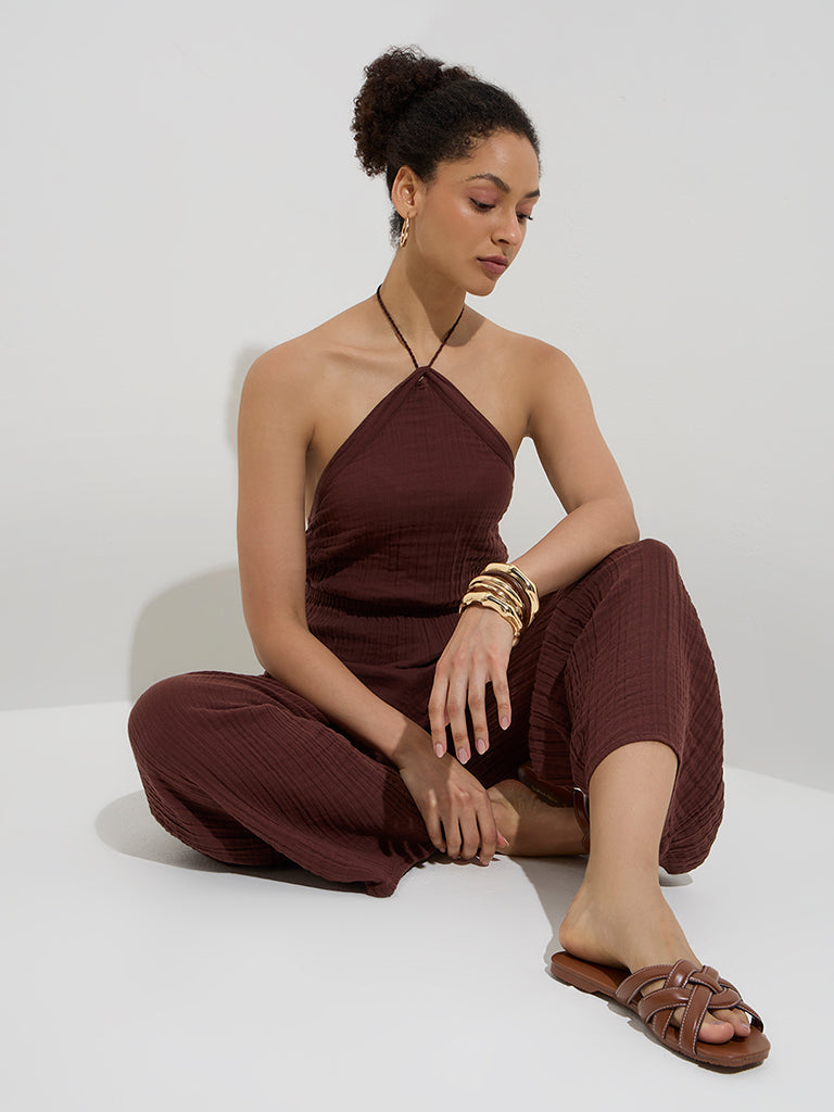 Wunderlove Brown Crinkle-Textured Cotton Beach Jumpsuit