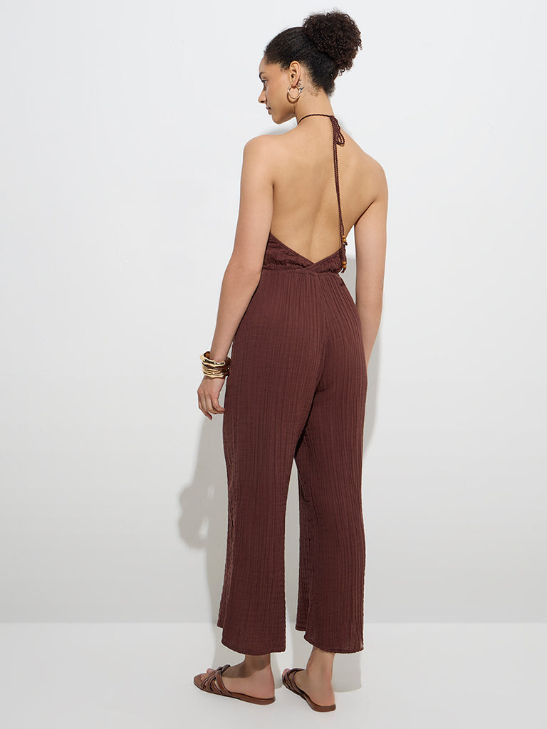 Wunderlove Brown Crinkle-Textured Cotton Beach Jumpsuit
