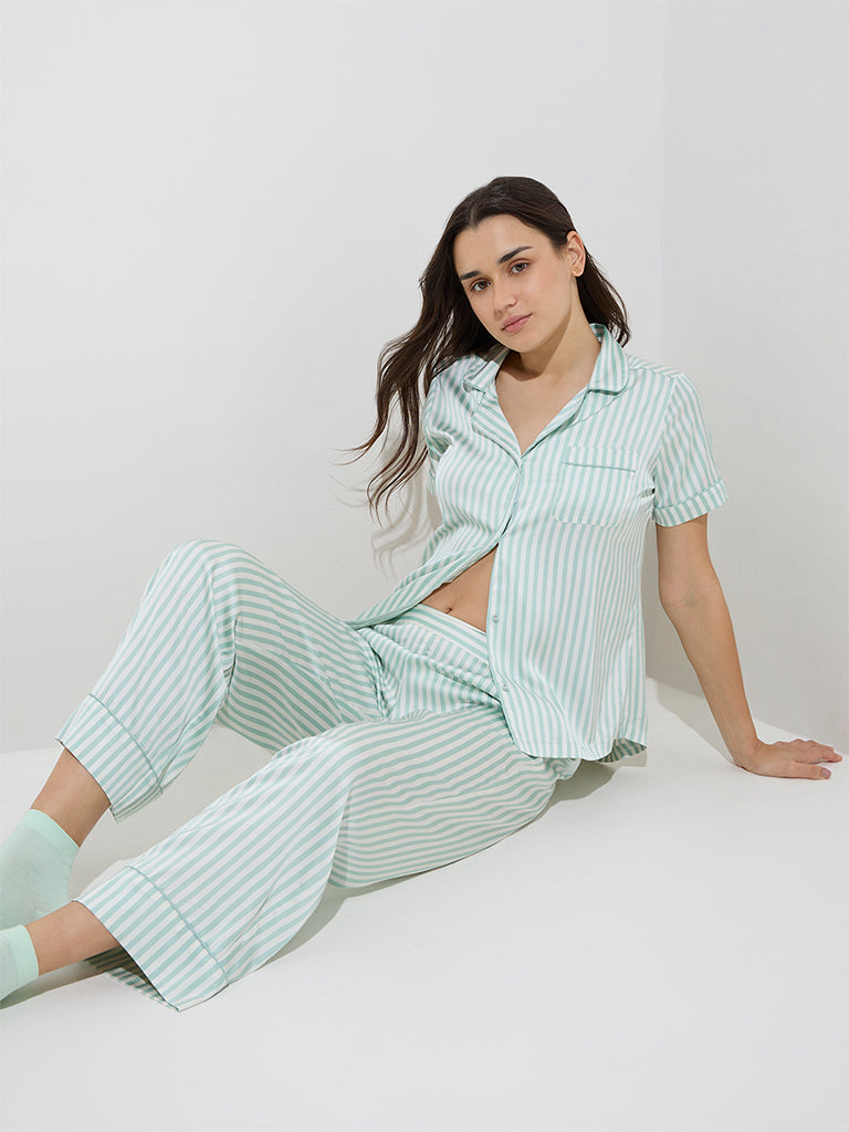 Wunderlove Sage Stripe Printed Shirt with Pyjamas Set