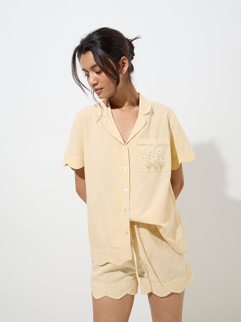 Wunderlove Yellow Floral Embroidered Shirt with Shorts Set