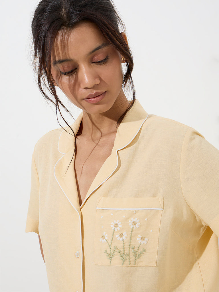 Wunderlove Yellow Floral Embroidered Shirt with Shorts Set