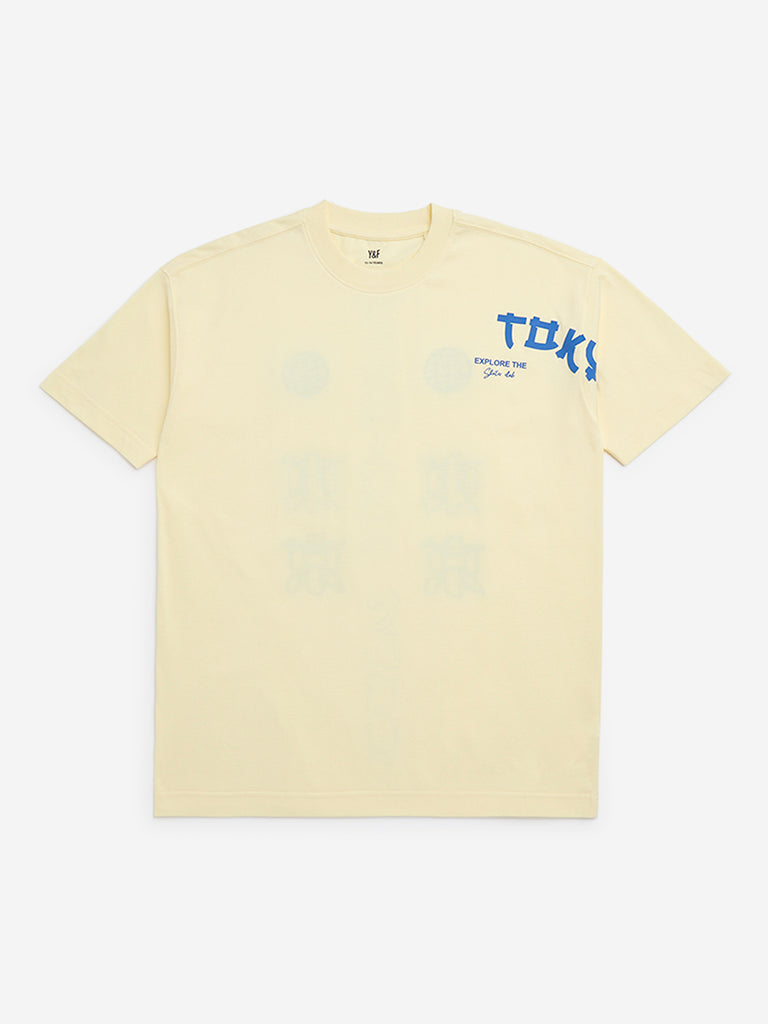 Y&F Kids Light Yellow Japanese Text Printed Cotton T-Shirt
