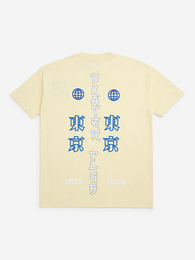 Y&F Kids Light Yellow Japanese Text Printed Cotton T-Shirt