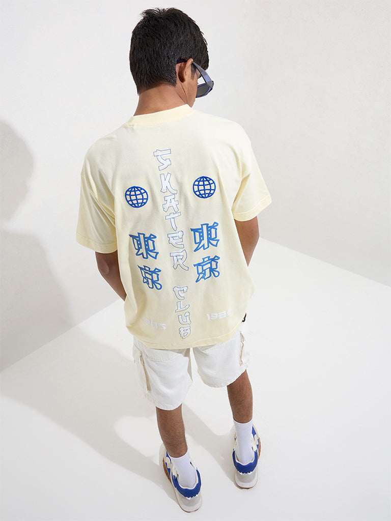 Y&F Kids Light Yellow Japanese Text Printed Cotton T-Shirt