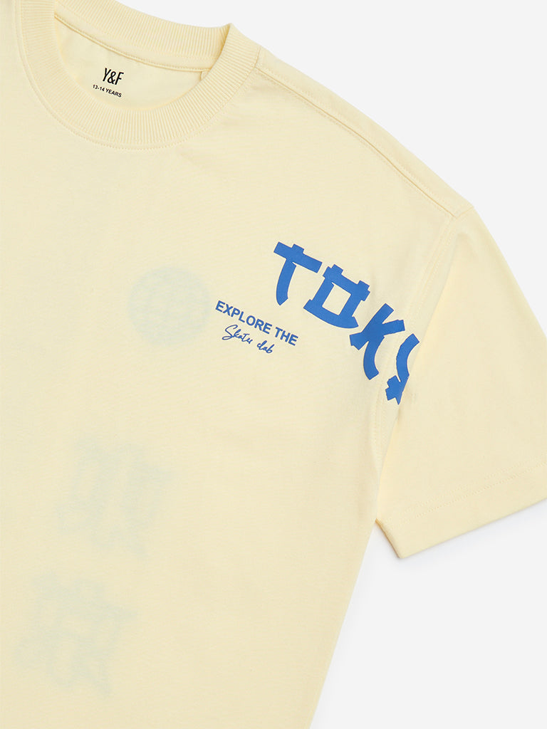 Y&F Kids Light Yellow Japanese Text Printed Cotton T-Shirt