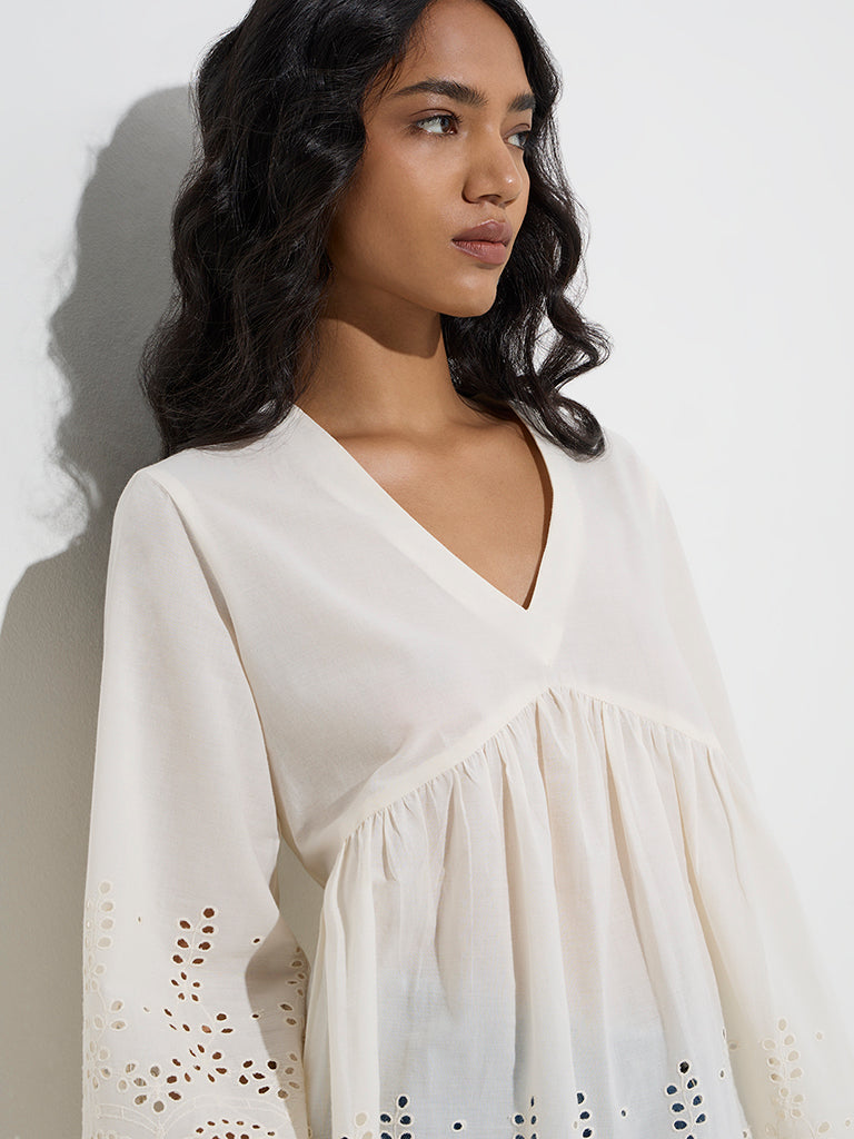 Utsa White Schiffli Detailed Cotton Kurti