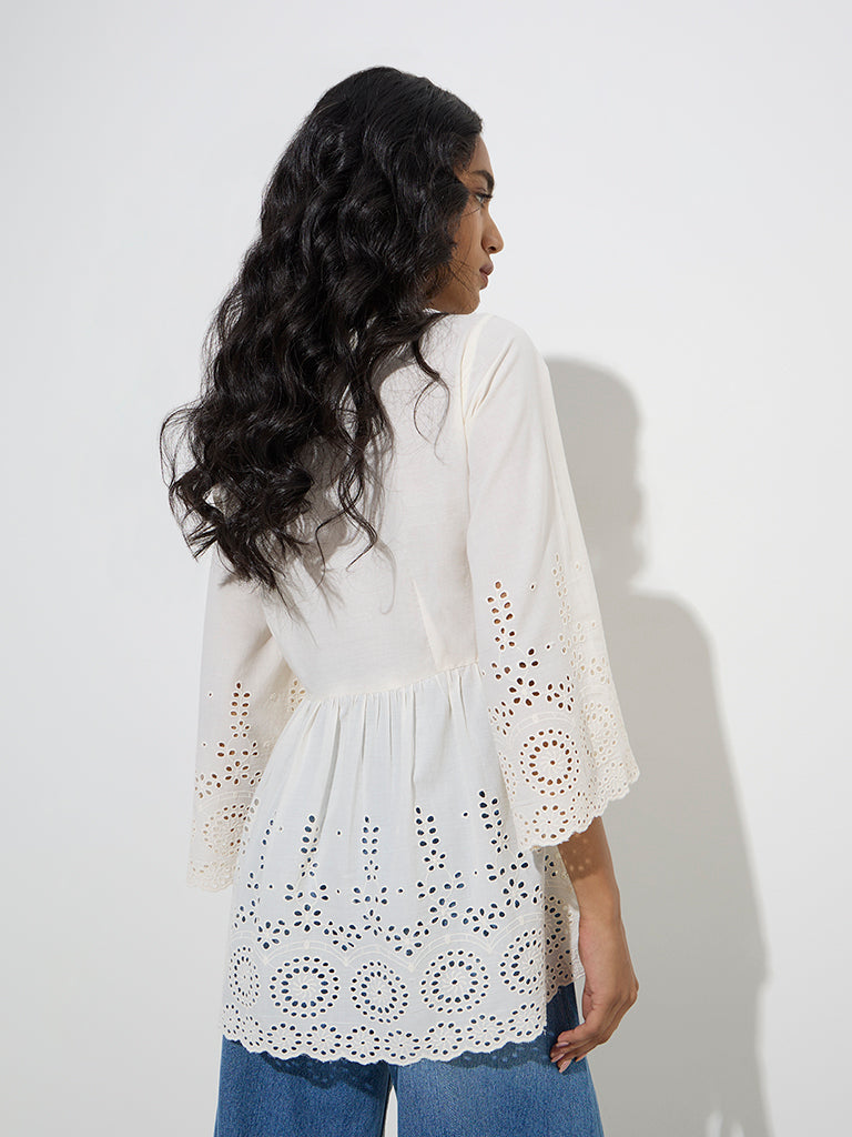 Utsa White Schiffli Detailed Cotton Kurti