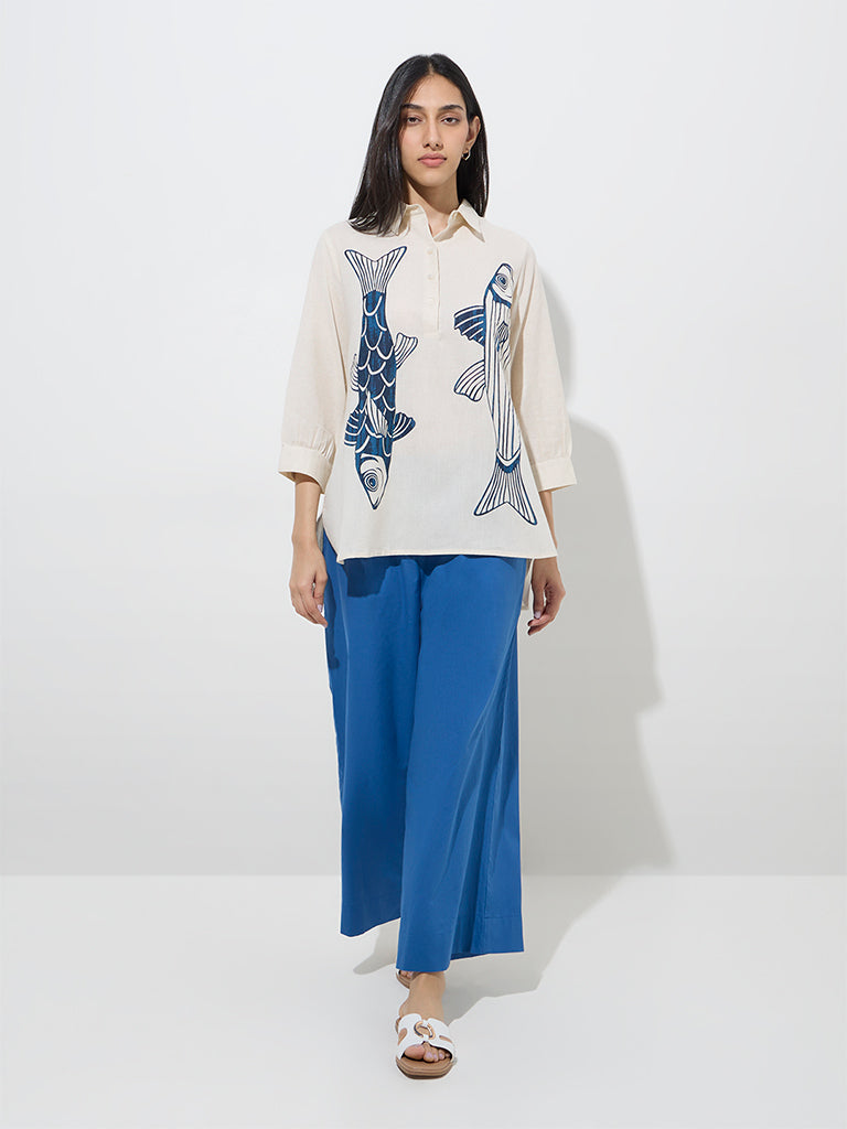 Westside Utsa Women's Blue Solid Cotton Palazzos for Work Wear Front View