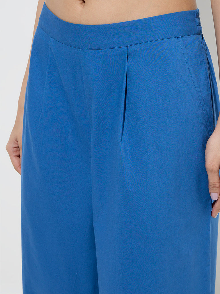 Westside Utsa Women's Blue Solid Cotton Palazzos for Work Wear Zoomed View