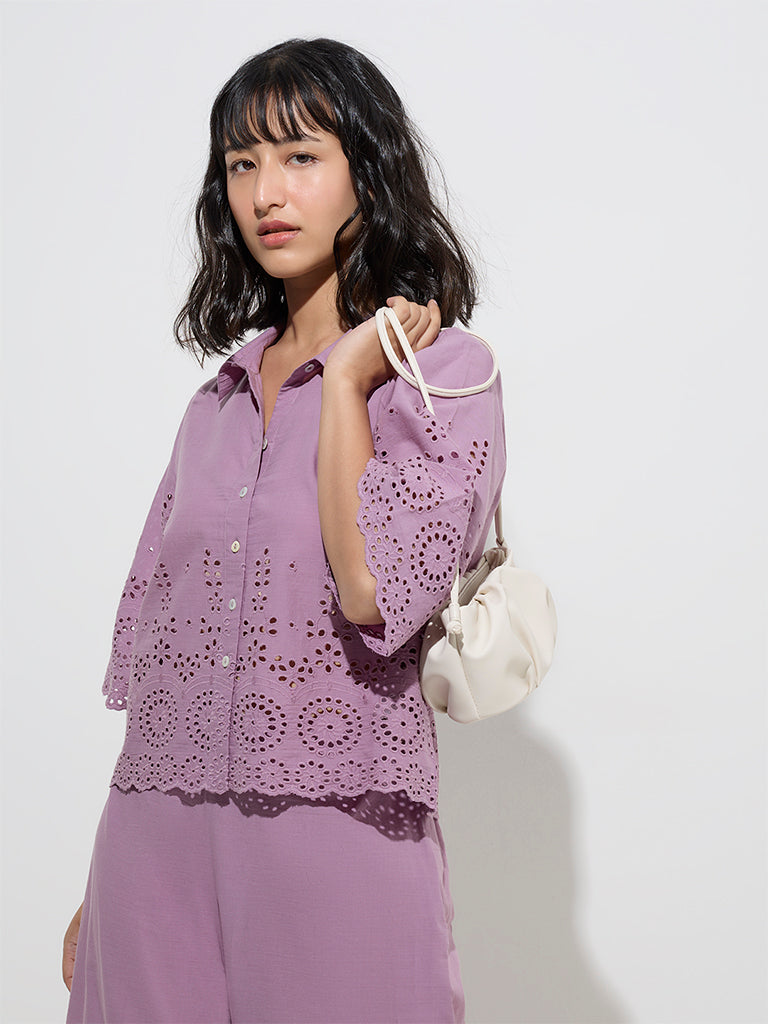 Utsa Purple Schiffli Detailed Cotton Shirt