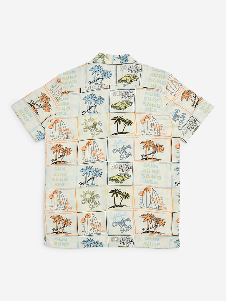 westisde Y&F Boys' Kids Off-White Tropical-Inspired Shirt for Casual Wear Back View