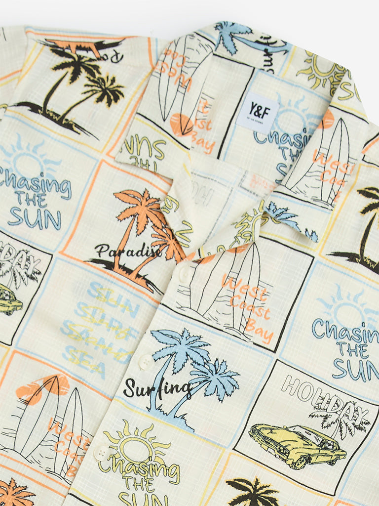 westisde Y&F Boys' Kids Off-White Tropical-Inspired Shirt for Casual Wear Zoom View