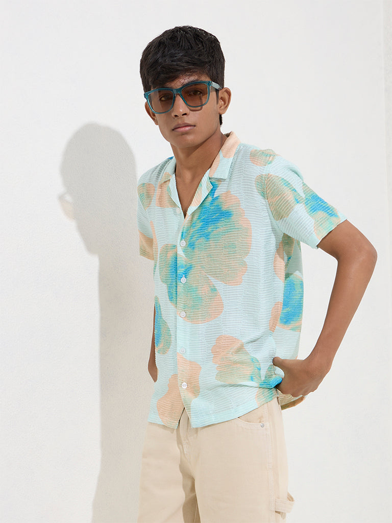 Westside Y&F Boys' Blue Floral Design Resort-Fit Shirt for Casual Wear Model Front View
